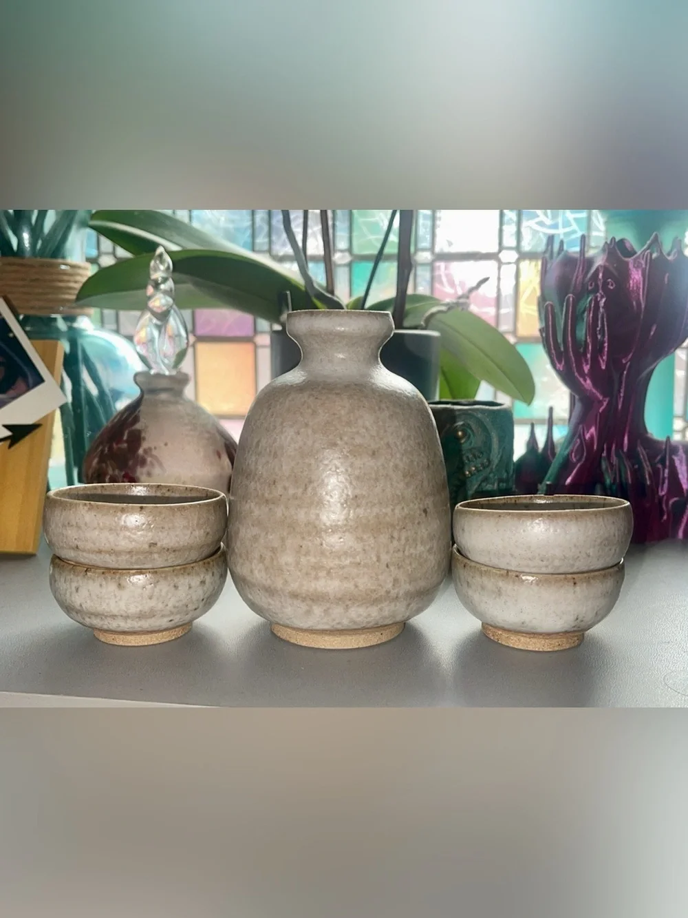 Vintage Japanese Ceramic Sake Set Tokkuri Flask & 4 Guinomi Cups Rustic Wabi-Sab